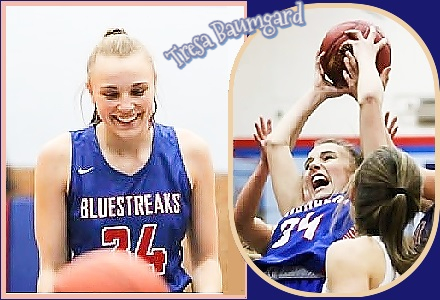 Two images of Chishom High School (Minnesota) girls basketball player,Tresa Baumgard. Both in her blue BLUSTREAKS uniform #34. On the left he is pensive, looking own at the ball, on the right she is coming down with a two-handed rebound amidst many opposition hands.