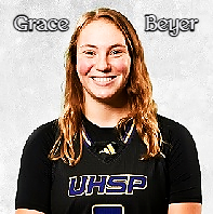Image of Grace Beyer, women's basketba;; player on University of Health Sciences & Pharmacy n St. Louis, in her UHSP jersey.