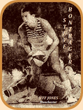 Image of British National League basketball player/coach Steve Bontrager grabbing the ball from Manchester United's Jeff Jones, and looking to make a play. From the Daily Telegram, London, England, January 8, 1985.