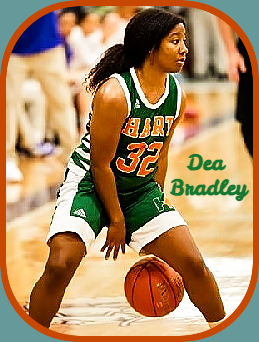 Dea Bradley, Hart High School (Kentucky), #32, shown dribbling the basketball looking to make a play/