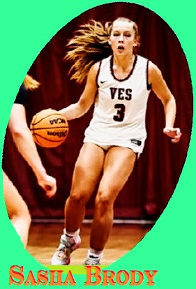 Sasha Brody, girls basketball player on the Virginia Episcopal School girls basketball player, dribbling the ball in a game in a white VES #3 jersey.