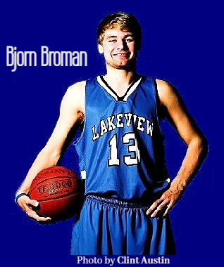 Image of Bjorn Bro,an, basketball player for Lakeview Christian Academy, Minnesota, who scored 74 point in one basketball game in 2015. Shown posing with ball held at right hip, in blue LAKEVIEW uniform, wg=hit letter on blu, #13. From the Duluth News-Tribune, April 4, 2015, photographer Clint Austin.