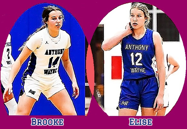 Images of twin sisters from Ohio, the Bender Twins of Anthony Wayne High School. In the left, playing defense, is #14, Brooke Bender, in white uniform and on the right in blue uniform #12, with right hand on her neck, Elise Bender.