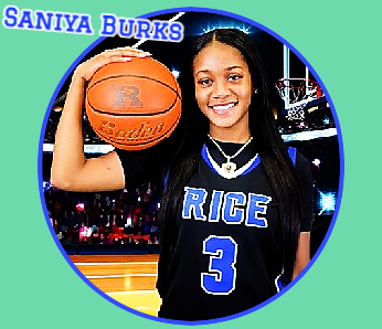 A smiling Saniya Burks, Rice High School, Texas, holding basketball on right shoulder, in blue on black #3 RICE uniform.