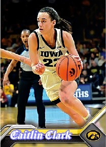 Bowman basketball card of #22, University of Iowa's Caitlin Clark, shown dribbling ball, charging towards the hoop, Dec. 30, 2023 when she broke the Big Ten assists record.