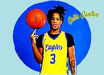 Odis Carter, Washington High School in Texas, posing while spinning a basketball on his right hand's fingers, in yellow jersey, with blue scrpted Eagles over a black T-shirt.