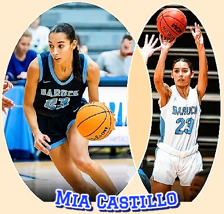 Two images of college women's basketball player Mia Castillo, Baruch College, one driving towards basket in blue uniform #23, and one shooting a jump shot in her white uniform.