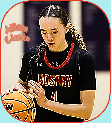 Image of Californian gors basketball player, Allison Clarke, Rosary Academy #4 pensive with basketball.