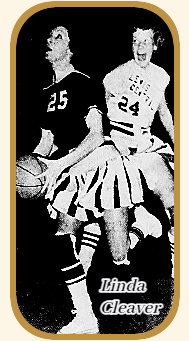 Phot from the Council Bluffs Nonpareil, Council Bluffs, Iowa, January 22, 1964 of Linda Cleaver, #25 in uniform with skirt, passe by Pat Henderson of Lewis ZCentral in a 1/21/'64 game, on way to basket