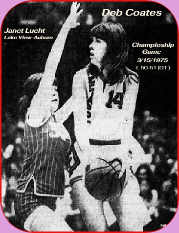 Image of Deb Coates, Mediapolis Bullettes High School basketball player in Iowa. Shown (#14) in championship gae 3/15/1975, on the right with the ball, being defened by JAnet Lucht of Lake View-Auburn High School, who won the game in overtime, 51-50. Cates scored 34 points. From From the Waterloo Courier, Waterloo, Iowa, March 16, 1975.