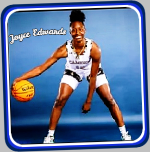 Image of Joyce Edwards, Camden High School, South Carolina, posing in white uniform, wide stance, left arm dangling, basketball in right hand, dribbling/