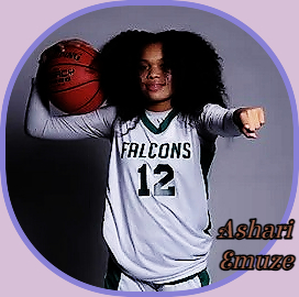 Image of girls basketballer Ashari Emuze, Woodlands High School, New York, , in #12 FALCONS uniform, ball held on right shoulder, left hand pointing ahead.