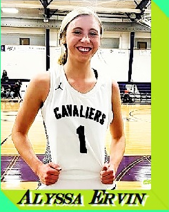 Image of Alyssa Ervin, girls basketball player for the Carroll County High School, standing for the picture in her number on CAVALIERS jersey, black on white, each hand at her waist line, slightly pulling at the uniform. The Carroll News, Hillsville, Virginia, 12/30/2023.