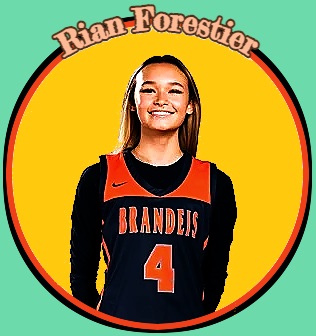 Rian Forestier, Texas girls basketball player for Brandeis High School, #4 in red and black uniform.