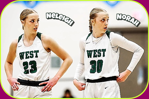 Image of the Gessert Twins as juniors of the Millard West High School Wildcats in Omaha, Nebraska. In white WEST uniforms, on the left Neleigh Gessert, on the right Norah Gessert, both with hands on hips looking to their left. (Omaha-World-Herald)