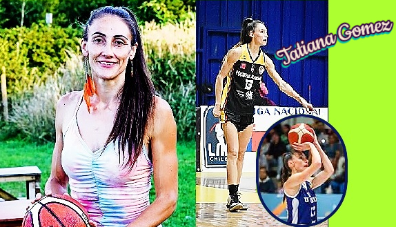 Three views of Tatiana Gomez, women's basketball player in Chile. One in a blouse holding basketball, posing in front of greenery, one in her Alemana Paillaco unif0rm number 13, sending a signal by pointing with her left hand, and one in a University of Chie jersey shootiing a foul shot