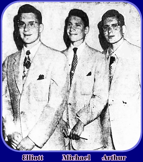 Image of the Greenfield triplets, basketball players for the Knights of the Jewish Community House of Bensonhurst Basketball League in 1952. From left to right: Elliott, Michael, and Arthur. From the Brooklyn Eagle, Sunday, May 11, 1952.