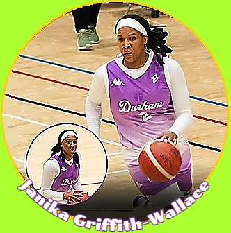 Images of Janika Griffith-Wallace, women's basketball player in the Women's British Basketball League for the Durham Palatinates, in her lavendar uniform #2 uniform with script Durham on the front, with a white long sleeve undershirt. Dribbling the ball in one shot, shootinga foul shot in the other.