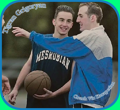 Image of boys basketball player Tigran Grigoryan, Mesrobian High School, Califrnia, with his coach Vic Karapetian, following the game where Grigoryan scored 199 points in one game.