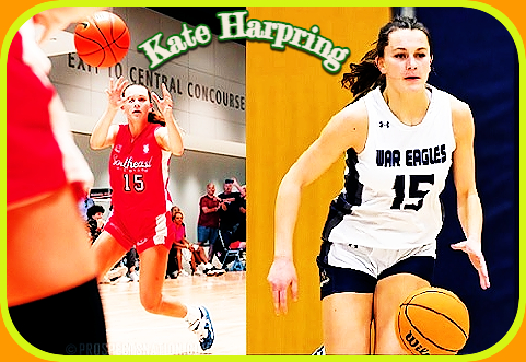 Two action photos of Kate Harpring, girls basketball player. On the left, she is in a red uniform #15 in the Champions League, on the right in her white WAR EAGLES white and black uniform #15 for the Marist School of Atlanta, Georgia.