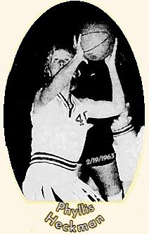 Image of Phyllis Heckma, Oakland High (Iowa) in action, looking up, and about to shoot the basketball against Essex High in the first round District Tournament game, 2/19/1963, won by Oakland, 63-32. From the Council Bluffs Nonpareil, Council Bluffs, Ia., Feb. 20, 1963.
