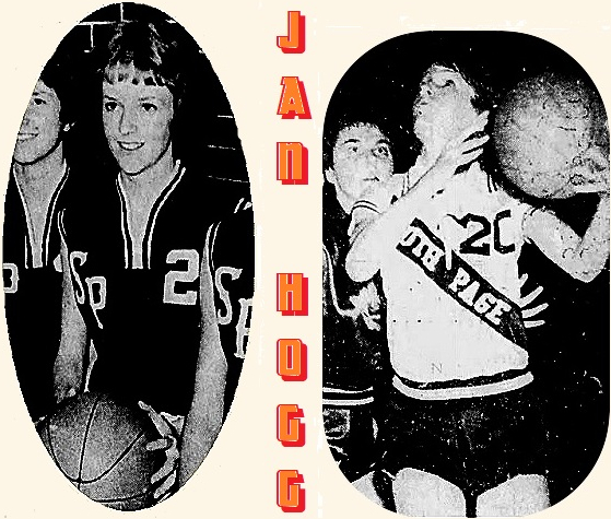 Two photos of Jan Hogg, basketball player Janics (Jan) Hogg, South Page Rebelette for South Page High School in the early 60s. Number 20 shown making a play guarded by Connie Babbit of Shelby High in a 2/17/1963 game, from the Council Bluffs Nonpareil, Council Bluffs, Iowa, February 20, 1963. The other image is cropped from a photo of South Page's forwards, Anne Dryer seen to her right, from the same newspaper, February 20, 1964,