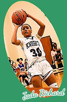 Jada Richard, girls basketball player for Lafayette Christian Academy (Louisiana), #30 in KNIGHTS white uniform shooting a jump shot.