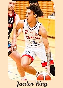 Jaeden King, basketball player for Snaefell in the Iceland D1 League, shown in uniform #2, dribbling the basketball around a defending player.