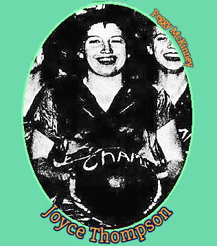 Image cropped from teamphoto, of Joyce Thompson, Midway High Pantherette, holding the championship basketball, teammate Peggy McKinney partially seen to her left. From the Waco Tribune-Herald, Waco, Texas, March 13, 1955.