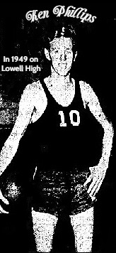 Picture of Ken Phillips as Lowell High School (North Carolina) basketball player holding ball bey right hip in #10 uniform. From the Gastonia Gazette, Gastonia, N.C., February 21, 1949,
