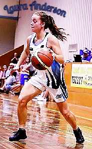 Imge of Laura AndersonImage of basketball player Lara Anderson in her Swan Hill Carpet Court Lady Flyers uniform (Country Basketball Leaguew (Victoria) in 2019.