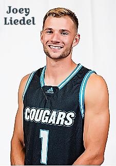 Image of Joey Liedel, basketball player for Kalamazoo Valley Community College, posing in his Cougars #1 uniform.