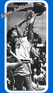 Mascoma High School's girl basketballer Lynne Sullivan shooting over Hollis High's Tina Griffiths (in her ROYALS #15 white jersey) in the 2/17/1990 playoff game where she scored 61 points. From the Valley News, West Lebanon, New Hampshire, February 19, 1990. Photographer: Larry Crowe.