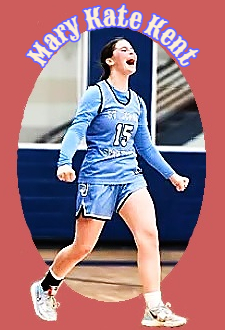 Image of Floridian girls basketball player Mary Kate Kent, St. John's Country Day School Spartan, #15, in blue uniform exaltingly shouting on court.