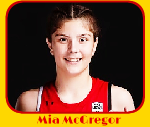 Close up portrait of girl basketball player Mia McGregor of Mio High School, Michigan (Mio-Au Sable), in red uniform.