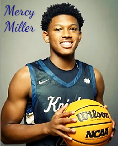 Mercy Miller, Notre Dame High School of Sherman Oaks, California boys basketball player, 68 points sxored in one 2023 game, shown in Knights uniform holding basketball.
