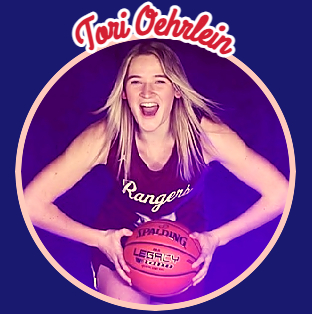 Tori Oehrlein, girls basketball player for Crosby-Ironton High School, Minnesota holding basketball in front of her in Rangers uniform, mouth agape.