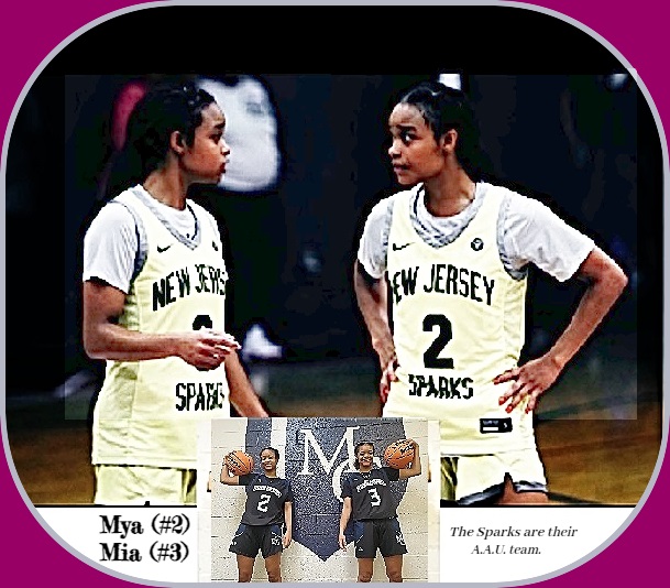 Image of the Pauldo Twins playing basketball for the Morris Catholic Crusaders (the 'TBC', Twin Back Court) in New Jersey. Mya Pauldo is #2, Mia Pauldo is #3. The identical twins are shown in their AAU team's jerseys (the New Jersey Sparks) and n their Morris Catholic ubis in a 2022 freshman image