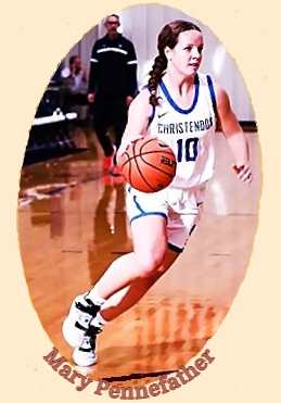 Christendpm College women's basketball player Mary pennefather, #10, dribbling the ball, looking for a shot.