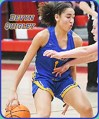New Jersey girls basketball player Devyn Quigley, Manchester Township High School, looking to go around defender, in blue uniform with yellow trim.