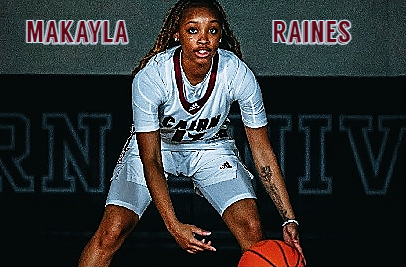 Women's college basketball player Makayla Raines shown posing, crouched and dribbling, in her Cairns University white uniform.