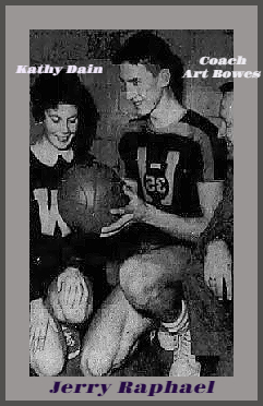 Image of Westdale Secondary's basketball star Jerry Raphael showing cheerleader Kathy Dain the basketball he scores his points with. Coach Art Bowes peaksin on the right, From The Hamilton Spectator, Hamilton, Ontario, February 6, 1960.