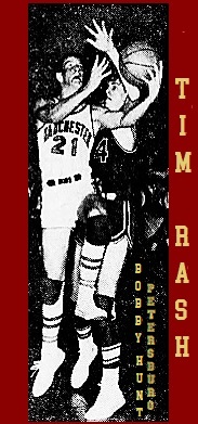 Yim Rash, Manchester High School, Virginia, going up for two of his 50 points against the Petersburg Waves, February 11, 1966, in his #21 white uniform, guarded by Bobby Hunt. From the Richmond Times-Dispatch, Richmond, Va., March 12,1966.