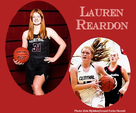 Images of North Dakotan girls basketball player Lauren Reardon, Grand Forks Central High School, in her CENTRAL uniforms. Posing in black jersey #31, left hand on hip, right handholding ball by other hip, and one showing her in a game against Red River High, driving the ball in a white jersey. The latter is a photo by Eric Hylden/Grand Forks Herald, October 13, 2022.