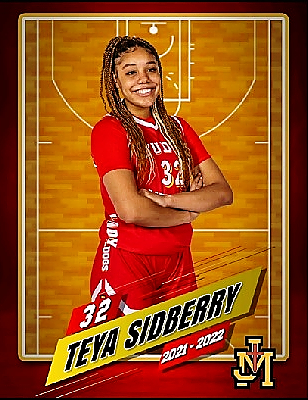 Basketball card for Teya Sidberry, #32 in red, girl basketball player for Judge Memorial Catholic High in Utah.