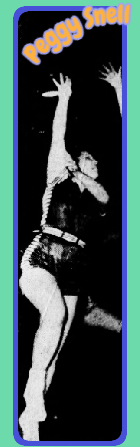 Picture of Texan girl basketball player Peggy Snell, high in air shooting a one-handed shot with her right hand, for Hawley High. Photo by Harlan Woods, The Abilene Reporter-News Sunday, February 10, 1957