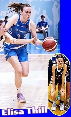 Action shot of Elisa Thill coming upcourt being defended by a Portugal girl in a Women's European Championship Division B game for Luxembourg 2 August 2022 at Sofia, Bulgaria Triassitza Hall; as well a photo cropped from her Esch Cadettes team photo, hands on knee, crouched.