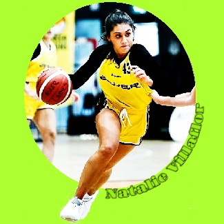 Image of Natalie Villaflor, women's basketball player for the Asker Aliens of the Norwegian Kvinneligaen )women's league), seen in her yellow and black uniform $43 driving to the basket.