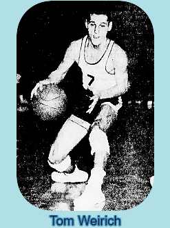 Image of Tom Weirich, basketball player for Perry Joint High School in Pennsylvania, coming forward with basketball in #7 uniform. From The Perry County Times. New Bloomfield, Pa., March 7, 1957.