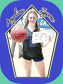 Image of New Jersey girks basketball player, Angelina Zagone, number 21 on the Gateway Regional High School team, holdeing up a '50' sign after she scored 50 points in a February 8, 2024 game against Paulsboro High. In her right hand, she holds a basketball towards the camera.
